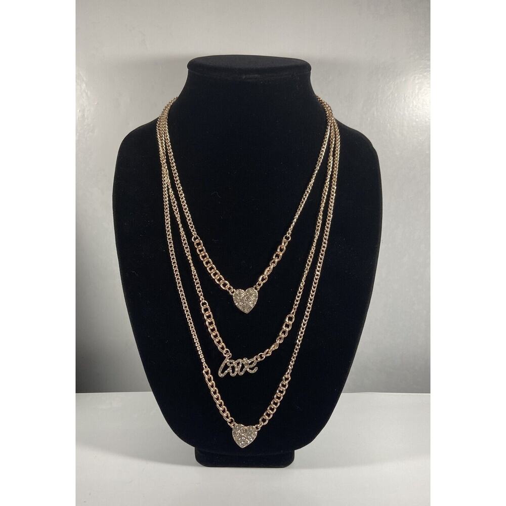 Pink Tone 3 Strand Layers 2 Hearts & Love Rhinestone Pendant Necklace Statement
